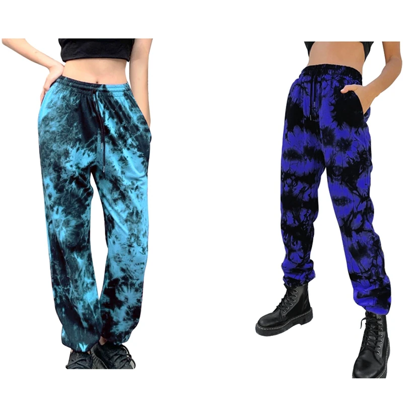 

2Pcs Women Tie-Dye Loose Drawstring Pants High Waist Baggy Pants Joggers Trousers, Lake Blue & Dark Blue Size L