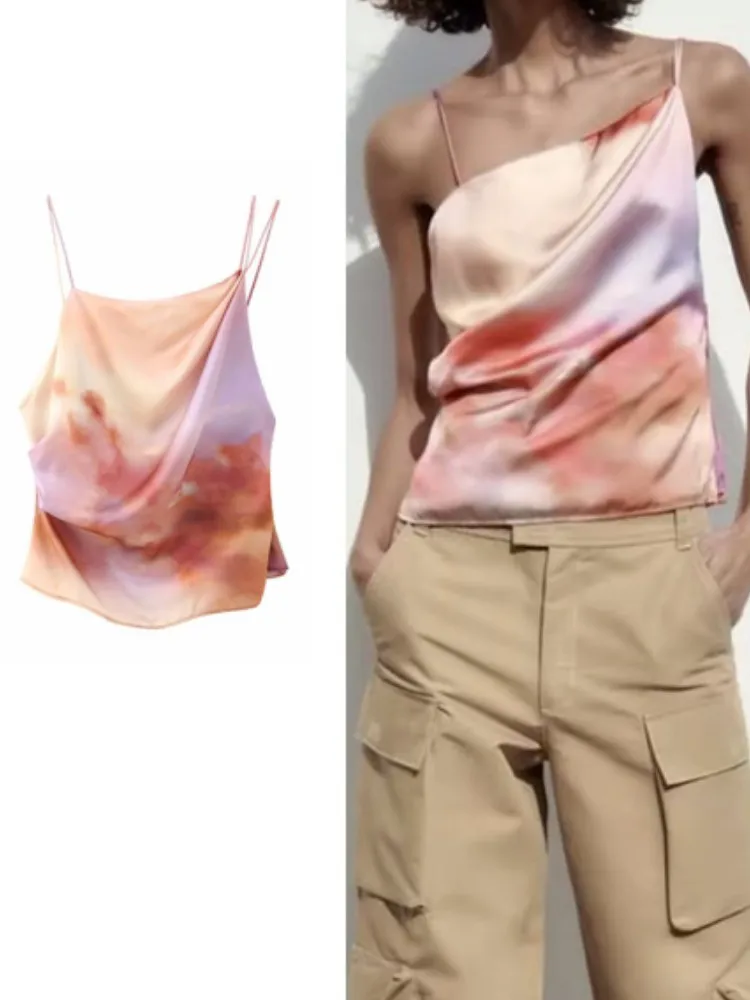 

RDMQ 2023 Women Fashion Tie-dyed Camisole Tops Vintage Sexy Folds Backless Shirts Female Side Zipper Camis Mujer