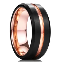 fashion 8mm men black brushed stainless steel ring rose gold color groove beveled edge engagement ring for men wedding wholesale
