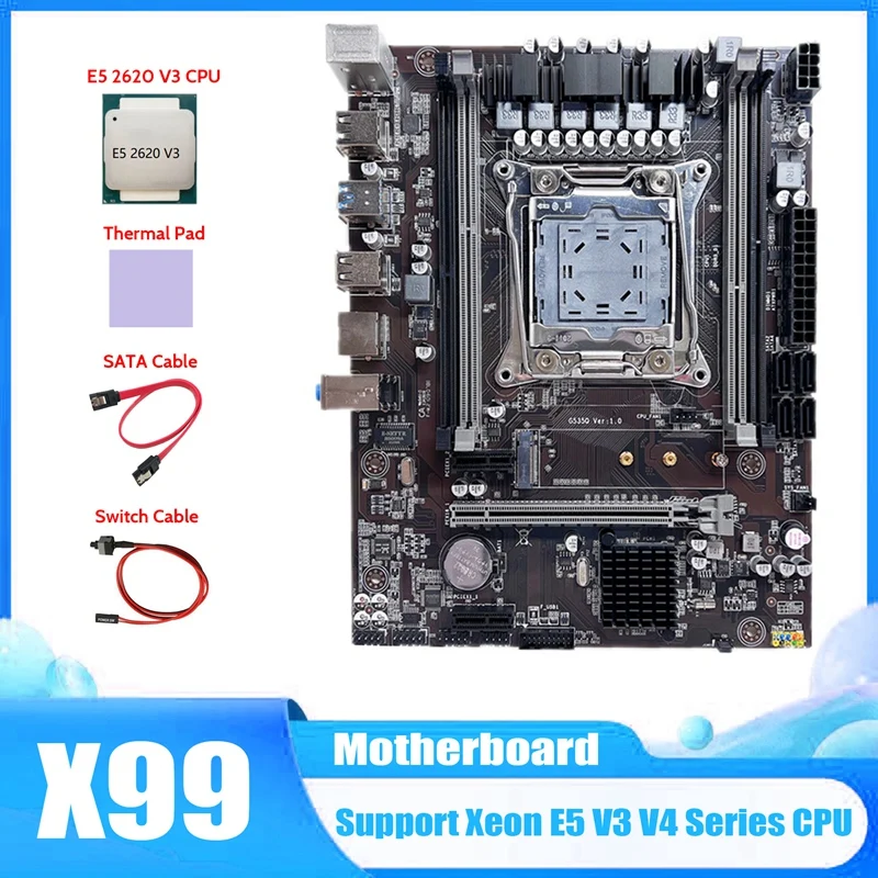 

Материнская плата X99, системная плата, поддержка DDR4 RAM с процессором E5 2620 V3 + кабель SATA + кабель переключателя + термоподушка