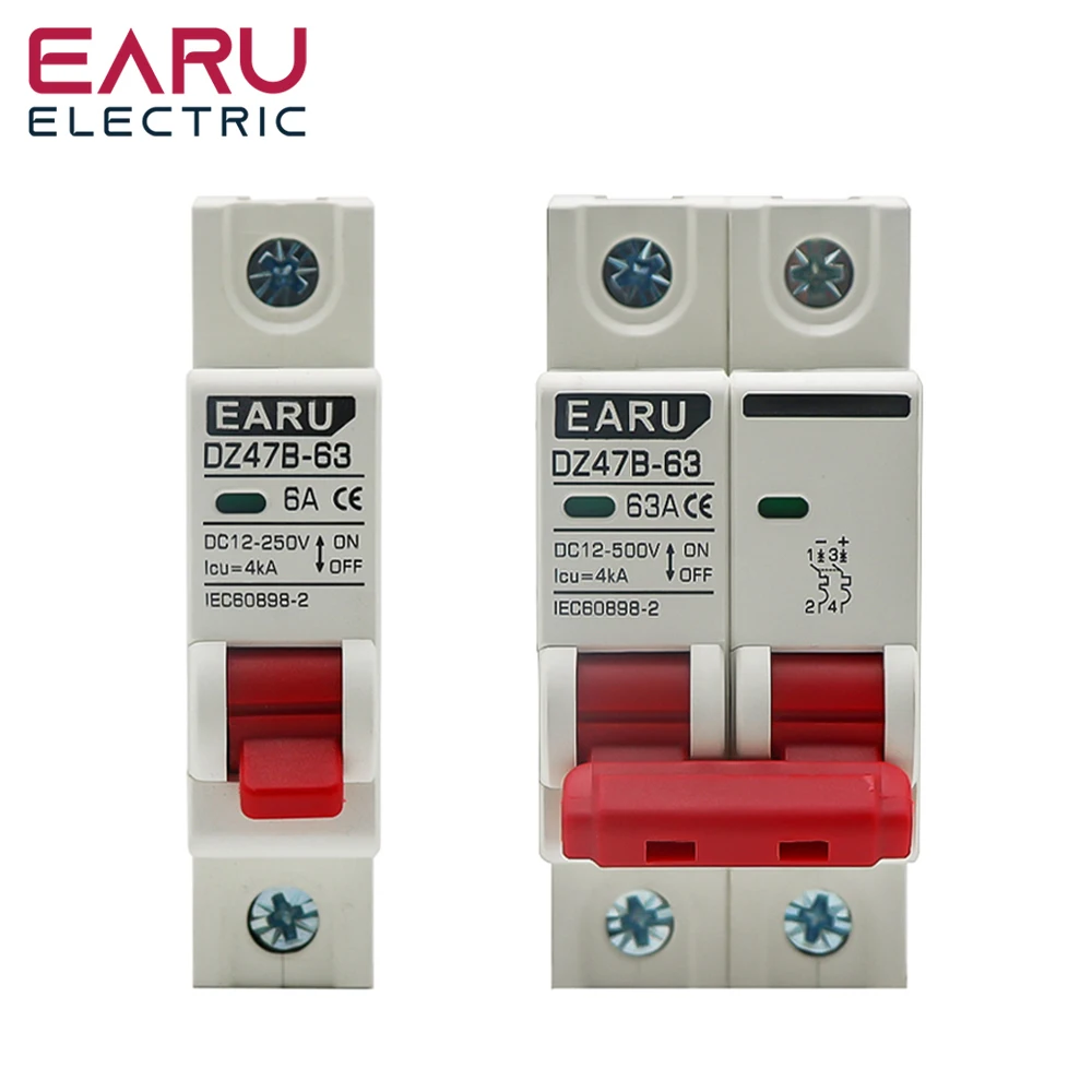 Автоматический выключатель DC MCB 12 В, 24 В, 48 В, автомобильный защитный выключатель DZ47 с положительным и отрицательным полюсом постоянного тока, защитный изолятор переключателя