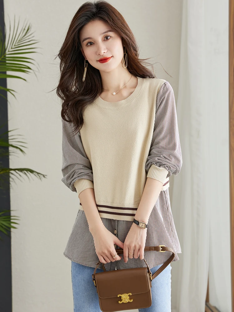 Весна и осень 2024 новый свитер лоскутные рубашки модный западный стиль средней