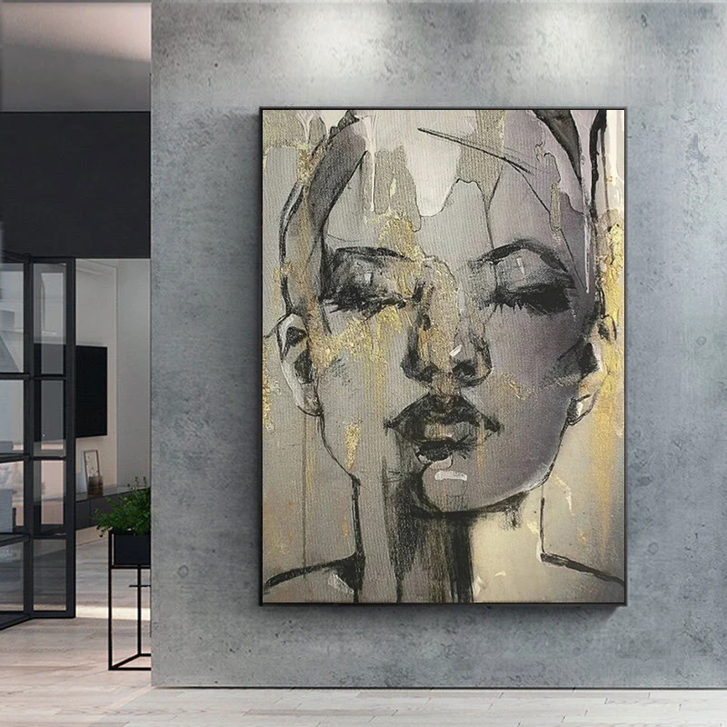 

Abstract Woman Face Prints Canvas Paintings Figure Posters Wall Art Pictures for Living Room Golden Home Decor Portrait Cuadros