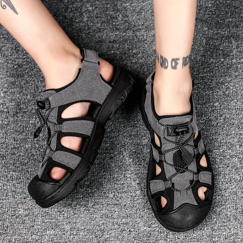 

Mens Sandals Genuine Leather Summer New Men Leather Classic Roman Sandals 2022 Slipper Big Size 39-47 Outdoor Walking Footwear