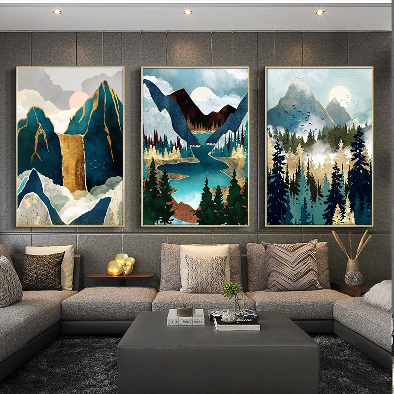 

Abstract Gold Foil Forest Moon Lake Landscape Painting Nordic Nature Scenery Posters Prints Canvas Living Room Home Wall Decor