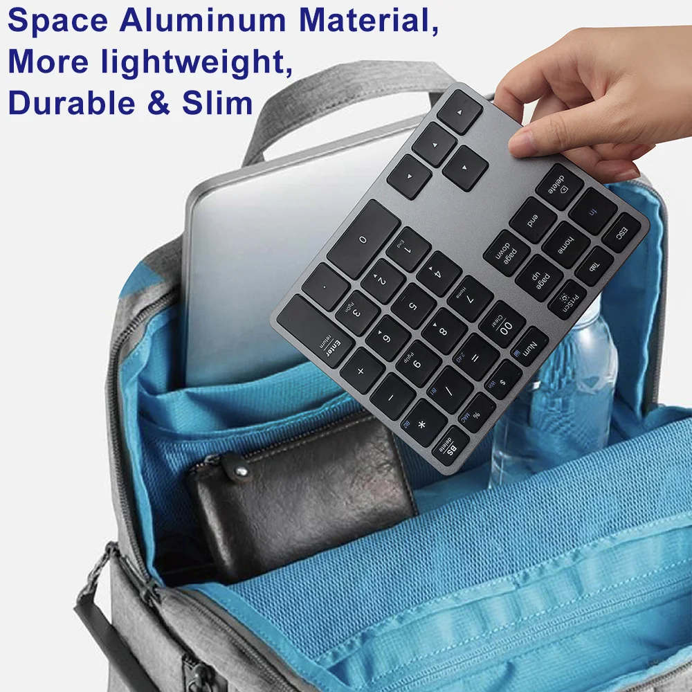 Беспроводная Bluetooth цифровая клавиатура из алюминия с возможностью зарядки, Slim 35 Keys USB+BT5.0 Numpad Keyboard для Mac Macbook Laptop.