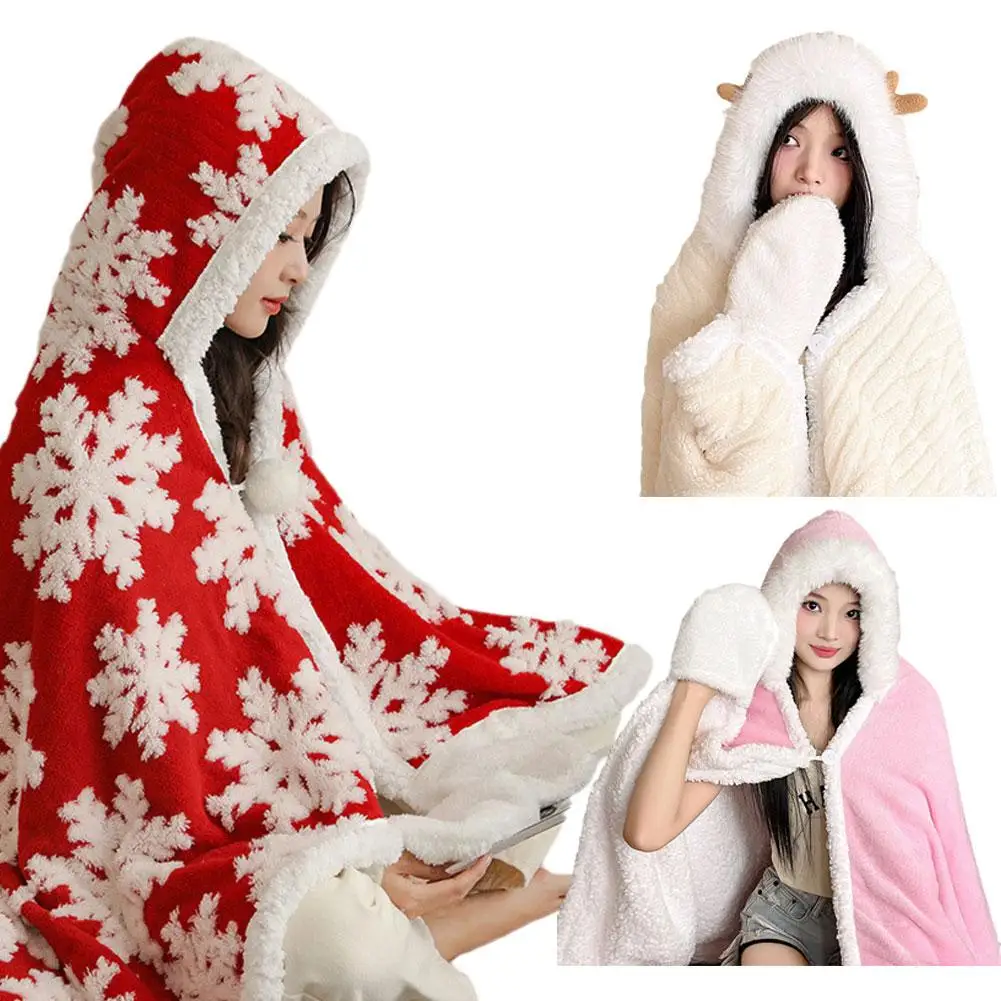 

Merry Christmas Xmas 3d Snowflakes Cape Cloak Hoodie Winter Hooded With Flannel Glove Hat Thick Warm Gift Blanket 2023 Wear S2d2