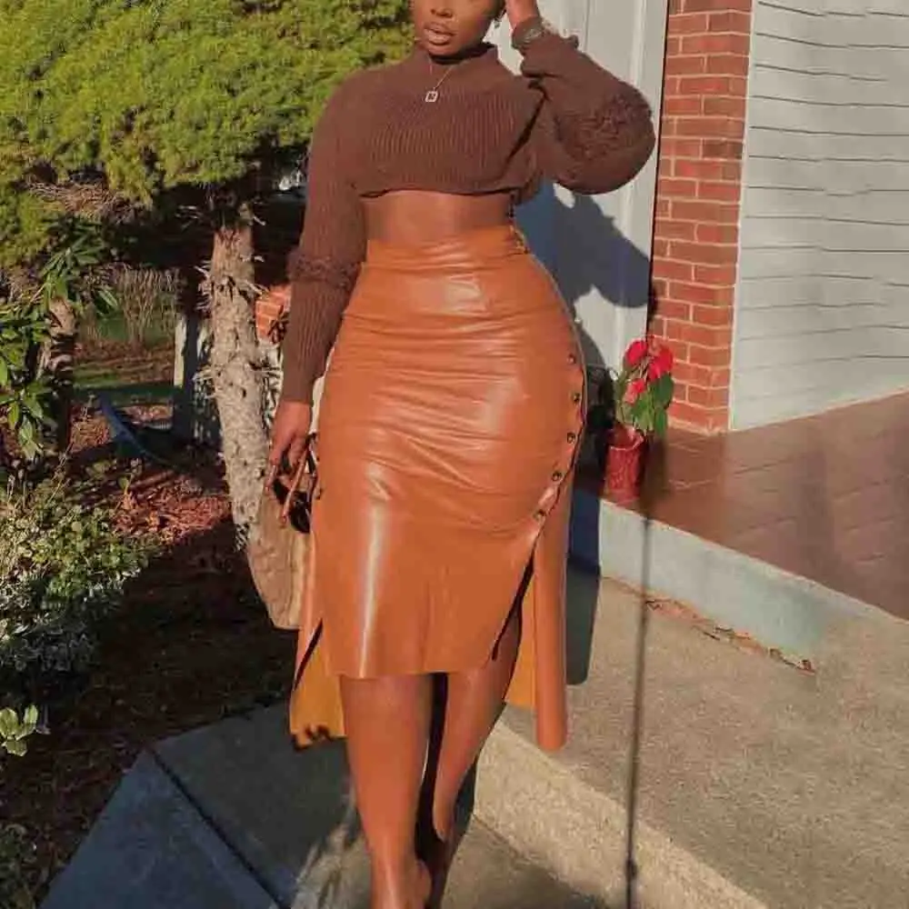 

Elegant Office Ladies Skirts for Women Pu Leather High Waisted Bodycon Mid Calf Fashion Formal Business Work Wear Clothes Skirts