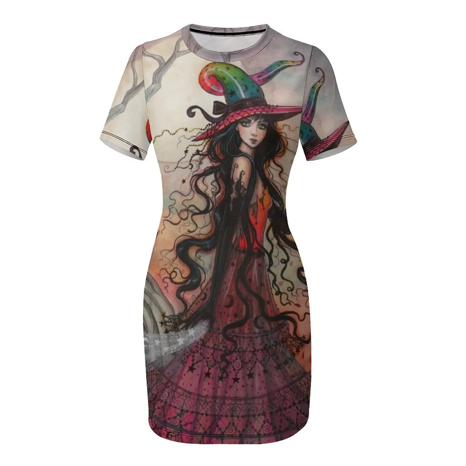 October Flame Witch Cat Fantasy Art от Молли Харрисона Платье с короткими рукавами