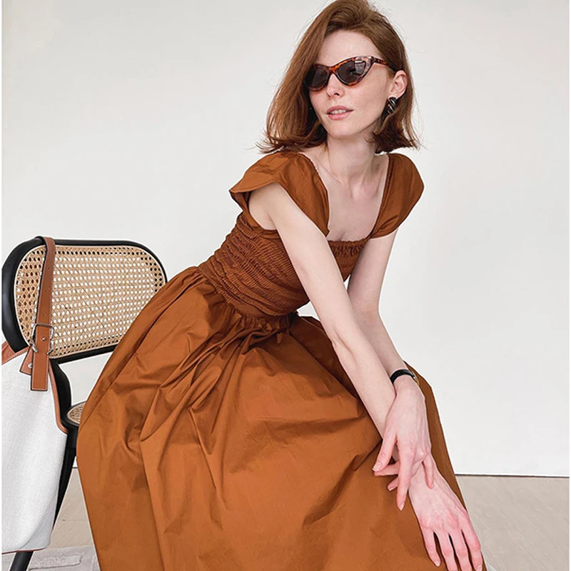 

Summer New Fashion 2022 Women's Square Collar Short Flying Sleeve Elastic Corset British Style Solid Color Casual Mid-calf Dress
