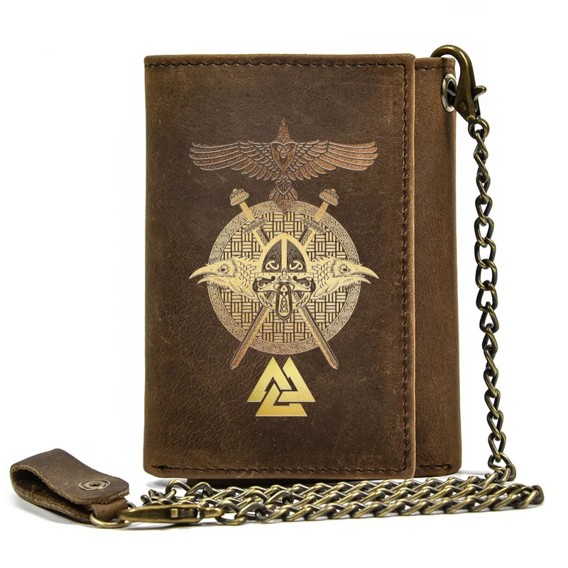 

Genuine Leather Men Wallet Anti Theft Hasp With Iron Chain Norse Mythology Eagle Triangle Cover Card Holder Rfid Short Purse