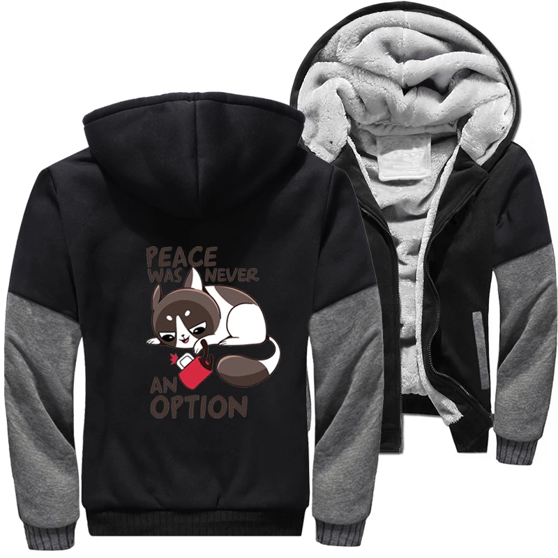 

Peace Was Never An Option Funny Cat Cats Jackets For Men Winter Warm Fleece Jacket Zip Up Hoodie Thicken Hoodies Sweatshirt Coat