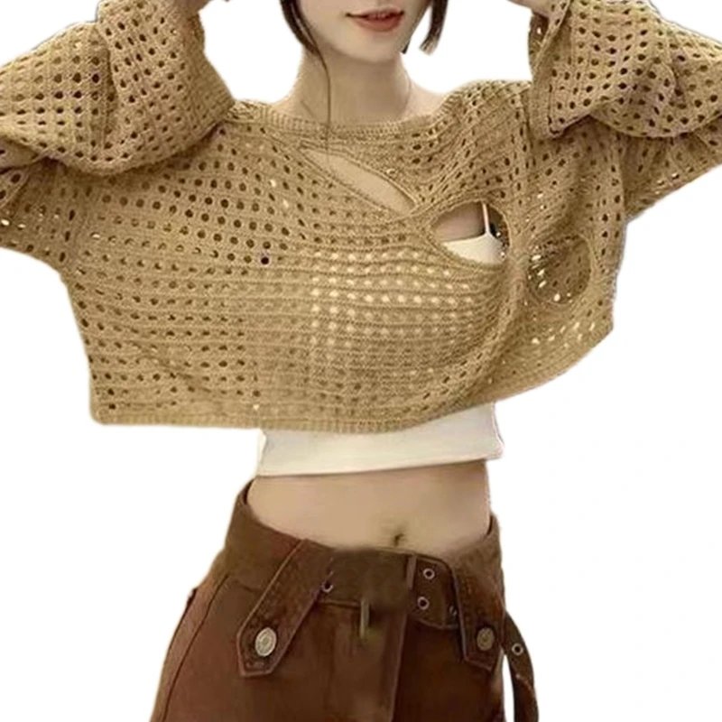 

Женский трикотажный топ с длинным рукавом, модный прозрачный сетчатый топ, укороченный топ с вырезами