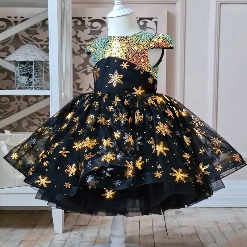 

Girls Golden Sequin Shiny Tutu Dress Kids Snowflake Christmas Princess Costume for Evening Children Birthday Party Clothes 4-10T