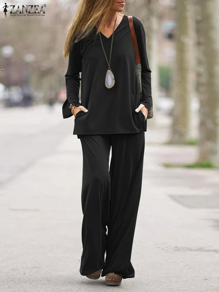 

Fashion Elegant Outfits Tracksuits Women Solid Long Sleeve Sweatshirt Wide Leg Pant Trousers 2022 ZANZEA Work OL Matching Sets