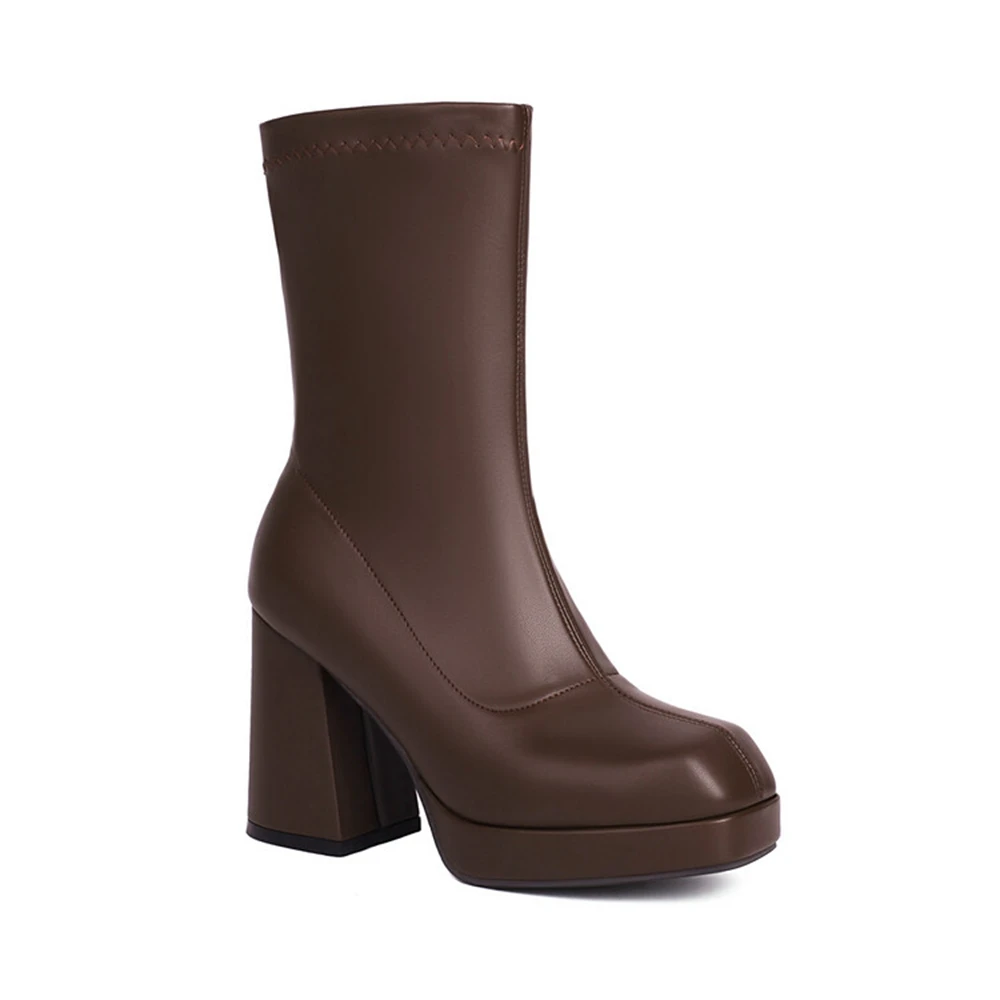 Женские эластичные ботинки на платформе черные толстом высоком каблуке большой