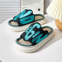 embroidery letters all season womens slippers for home flax designed mix color female open toe home slides couples indoor shoes