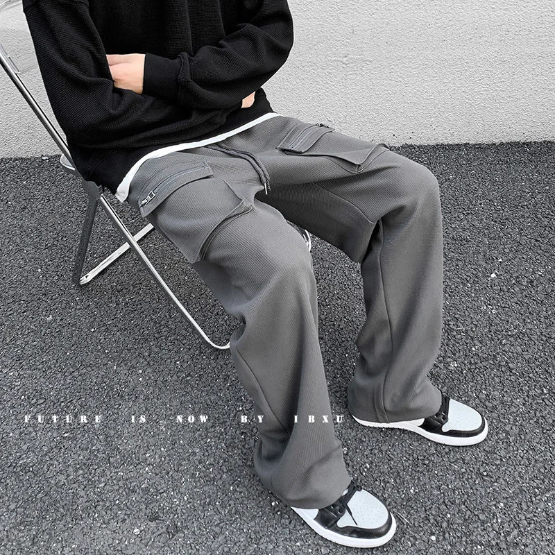 

Hybskr High Street Men's Straight Casual Pants Fashion Large Pocket Design Drawstring Trouser Streetwear Male Casual Pant