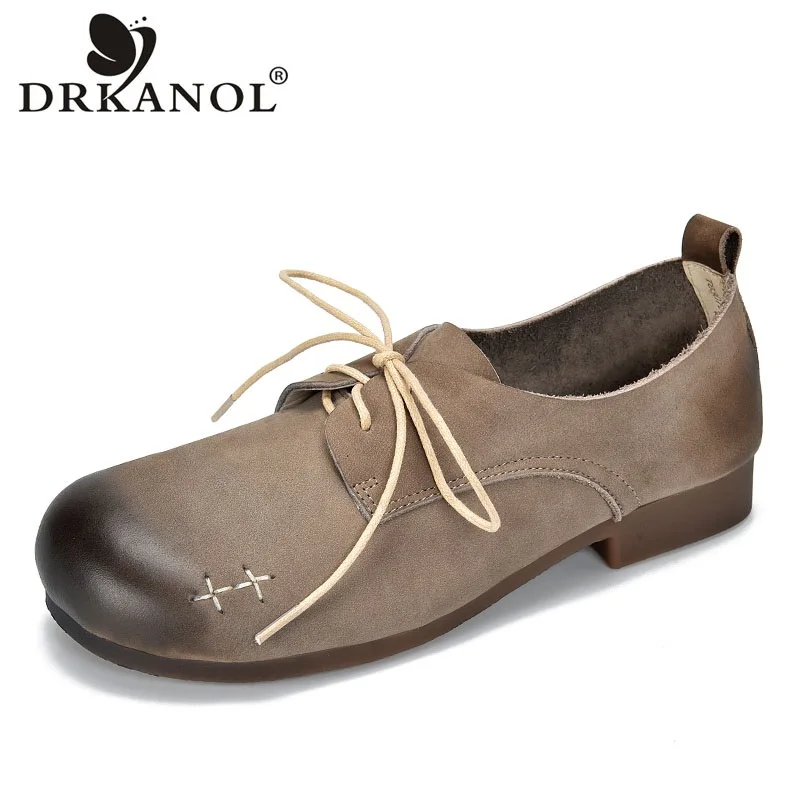 

Женские туфли на плоской подошве DRKANOL, литературные туфли из натуральной коровьей кожи, на шнуровке, с круглым носком, мягкие удобные туфли на весну 2023