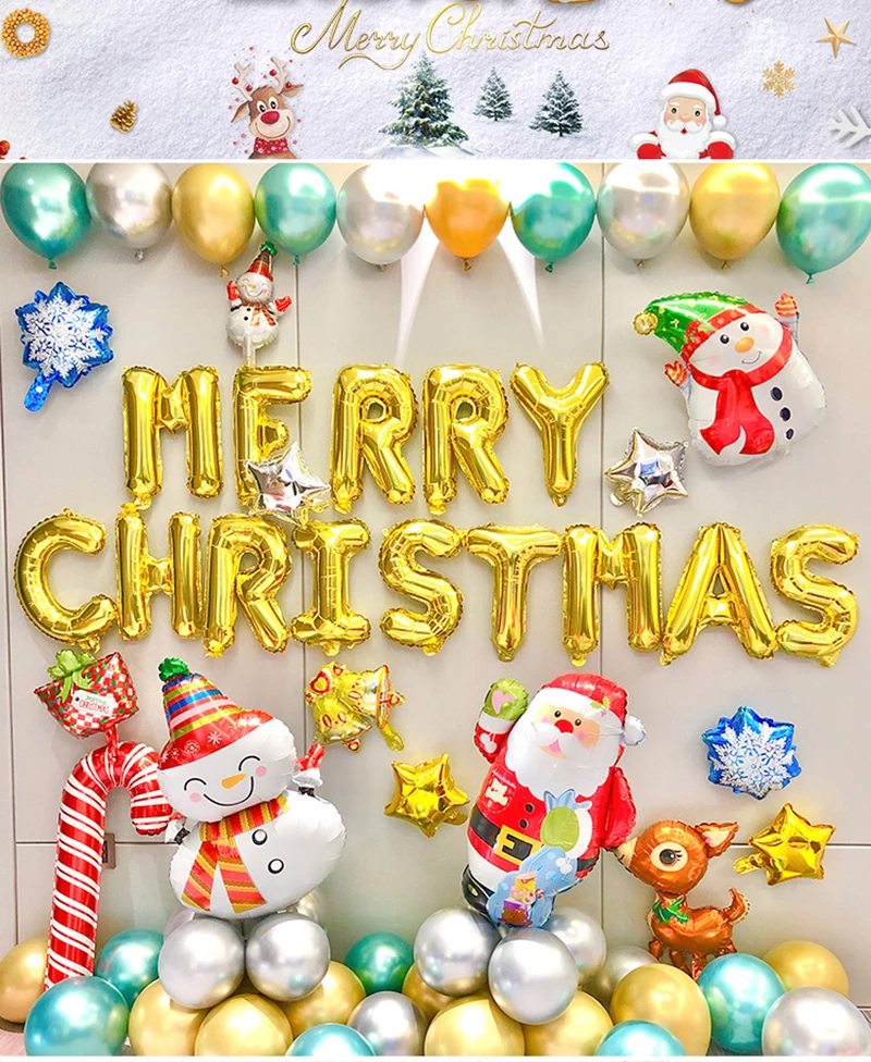 

Merry Christmas Letter Balloon Creative Scene Layout Background Wall Decoration Santa Snowman Theme Christmas Party Balloons