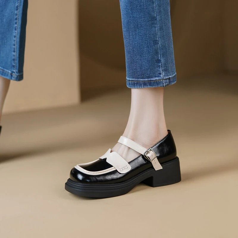 

Spring/Autumn Women Shoes Square Toe Chunky Heel Mary Janes Split Leather Shoes Mixed Colors Brogues Women Pumps Platform Shoes