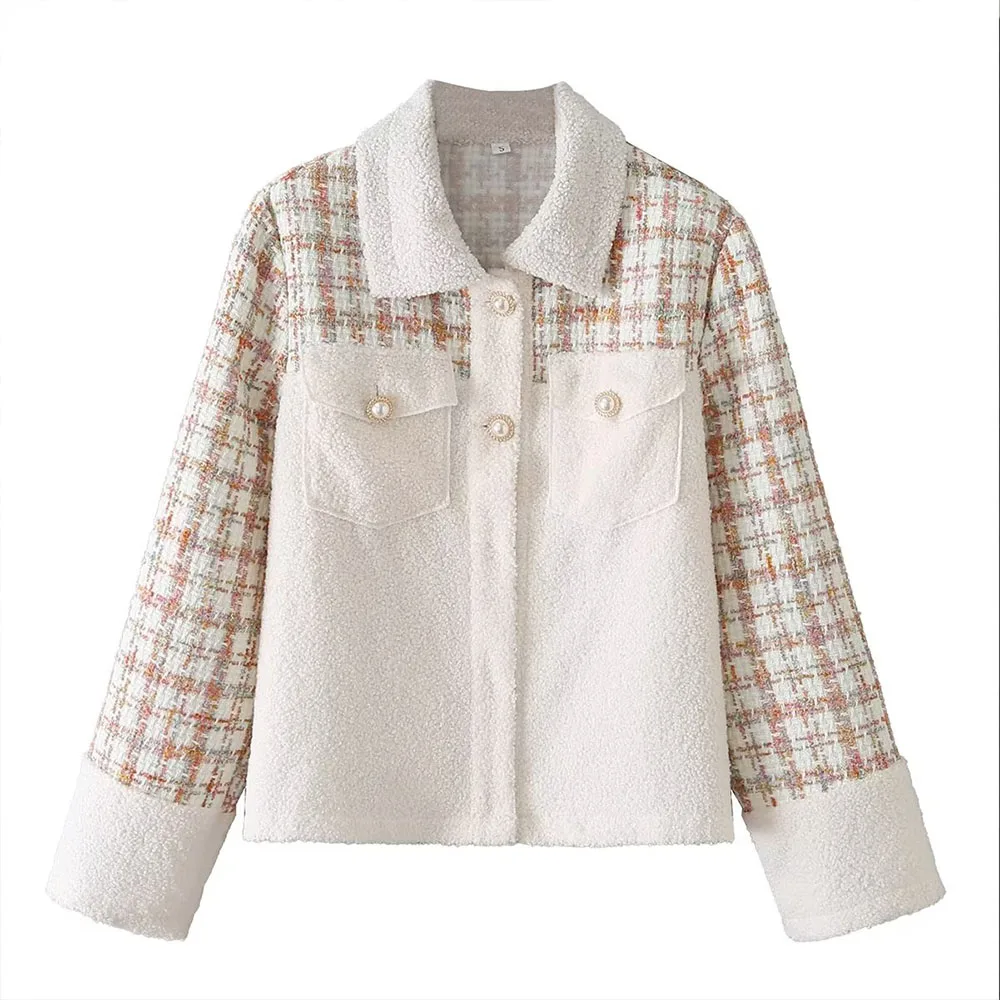 

BER&OYS&ZA2022Women's winter jacket temperament new women's fashion lapel button decoration casual woolen stitching short coat