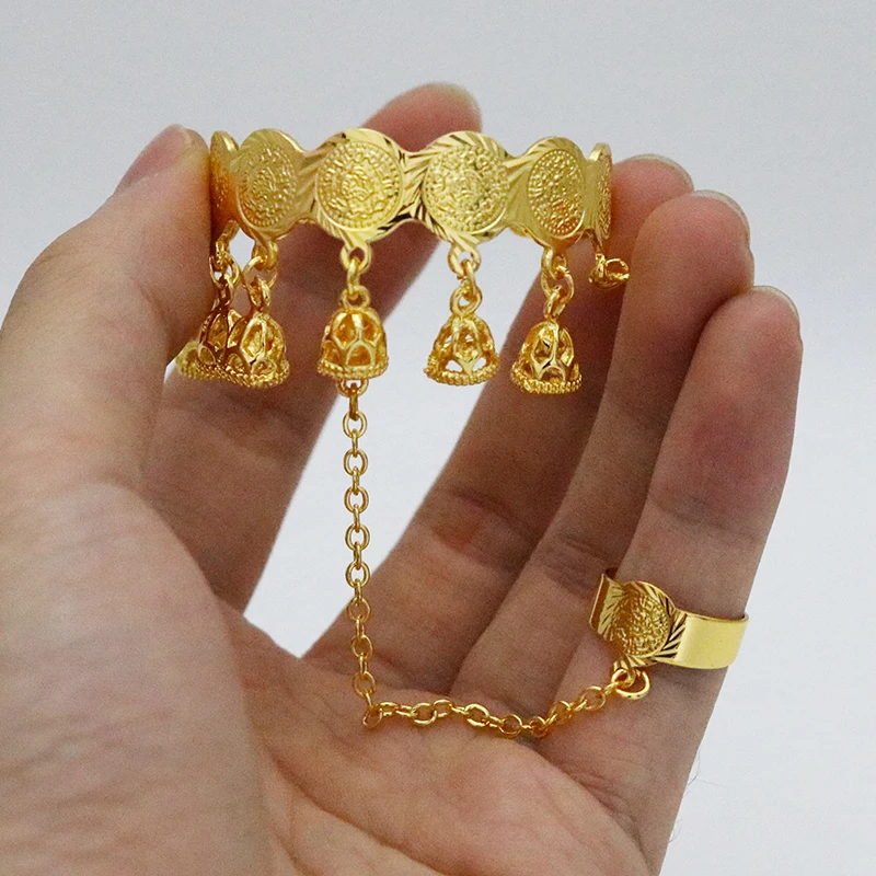 

Dubai African Coins Bell Bracelet With Ring Arabian Indian Jewelry Gold Bracelet Children Copper Baby Bracelet