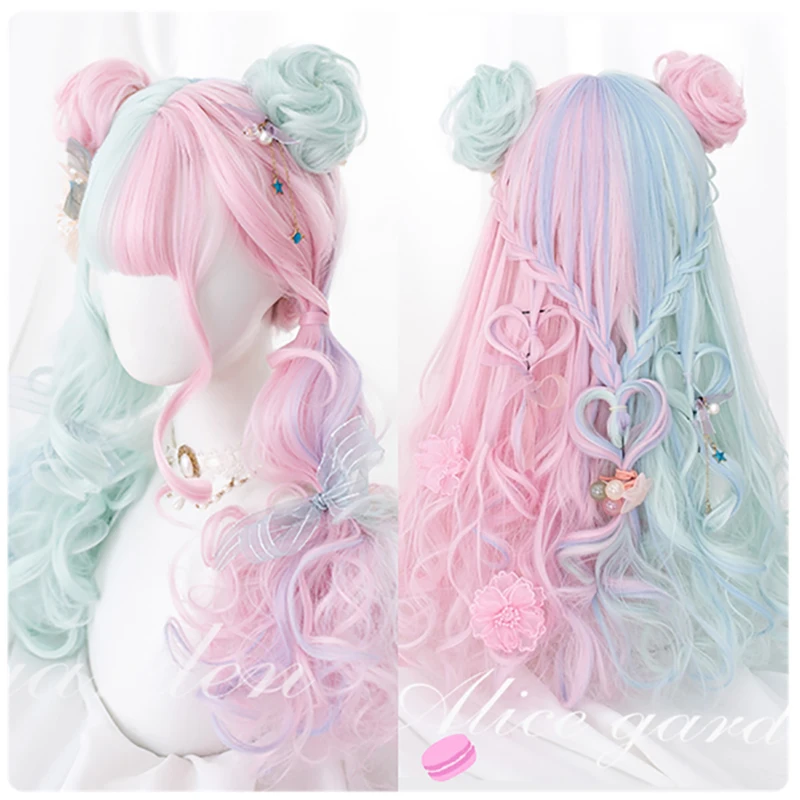 MANWEI Synthetic Hair Long Wave Green And Pink Lolita Wigs For Women Cosplay Wig With Bangs Halloween Christmas Heat Resistant