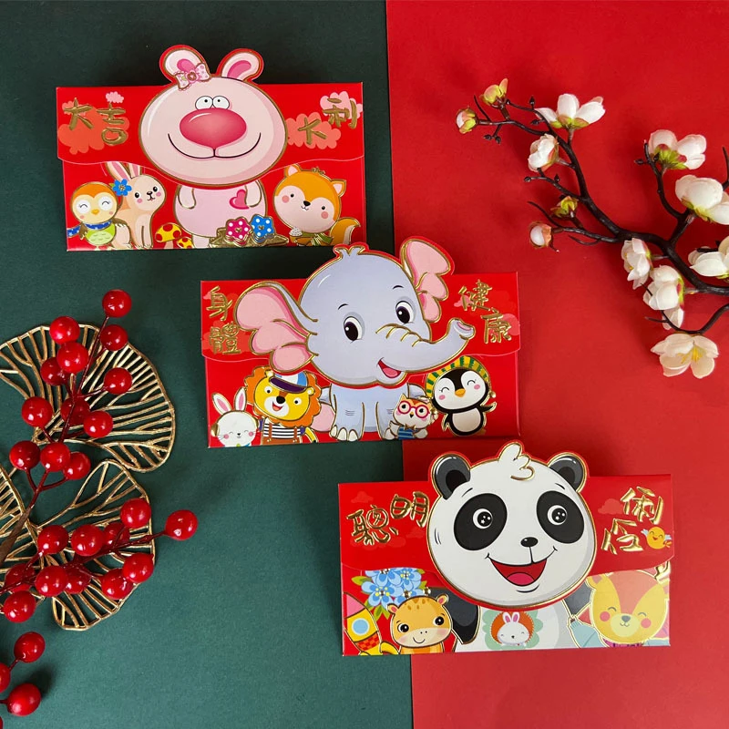 

6 шт. китайский новогодний счастливый красный конверт с мультяшными животными креативный новогодний красный пакет детские подарки