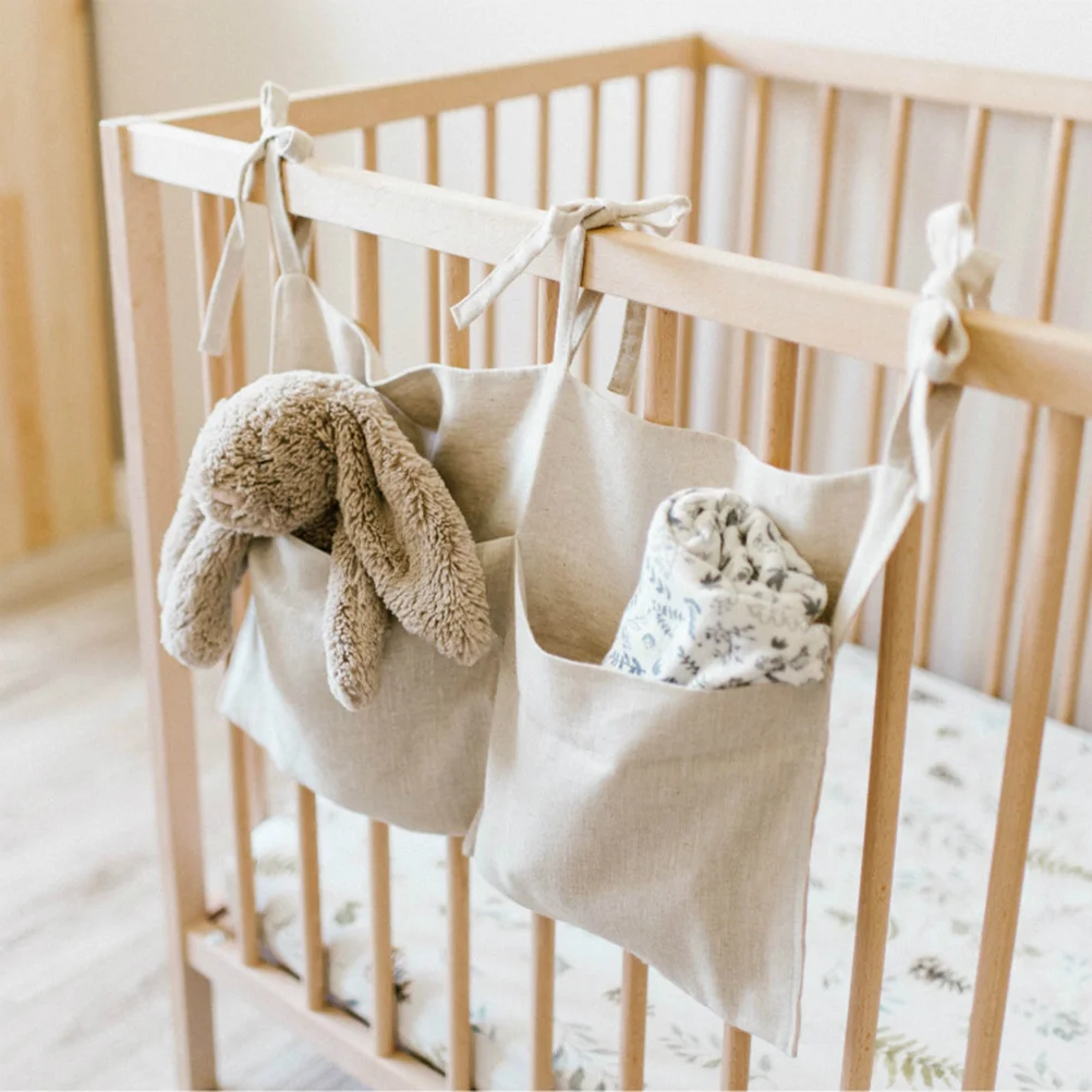 

Double Pocket Baby Crib Organizer Nursery Crib Pouch Linen Bedside Hanging Storage Bag for Kindergarten Baby Room(Beige)