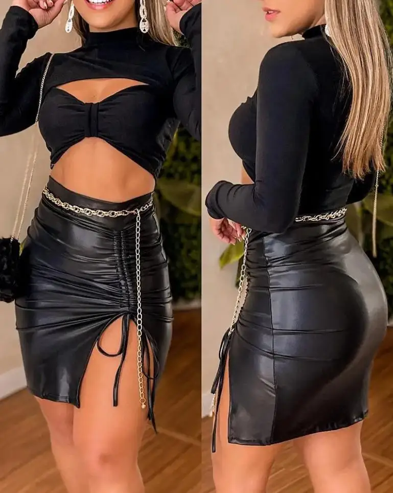 

Summer Skirts Sets Long Sleeve Hollow Top Skirt Set Sexy Crop Top Suit Fashion Elegant Black Party Club Outfit Streetwear