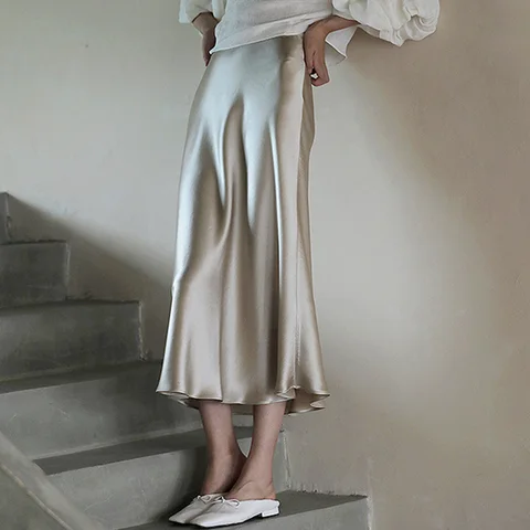New Elegant Women's Skirts Korean Fashion Satin Silk A-line Skirt Office Black Champagne Long Summer Skirts Woman Fashion