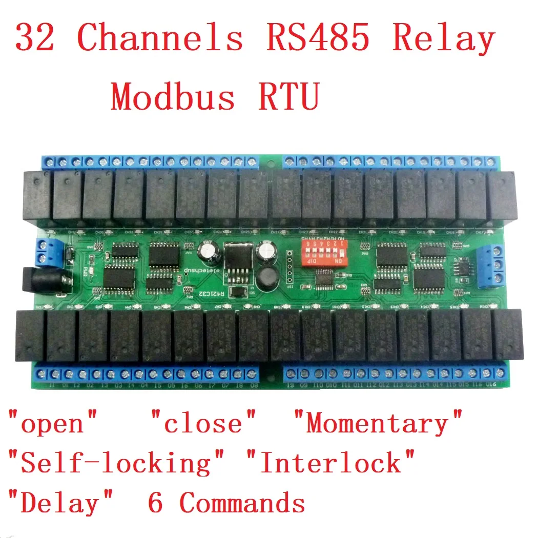 32ch DC 12V RS-485 Modbus RTU Relay Board RS485 Bus Remote Control Switch for LED Motor PLC PTZ Camera Smart Home