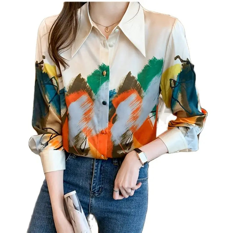 

Женская шифоновая рубашка с принтом, элегантная офисная рубашка с длинным рукавом и воротником-поло в стиле ретро, Корейская версия, весна-лето 2023