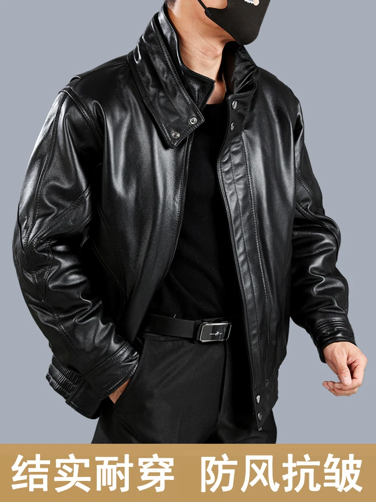 Genuine Leather Coat Men's First Layer Calfskin Stand Collar Motorcycle Leather jacket Middle-Aged and Elderly Cotton Added O...