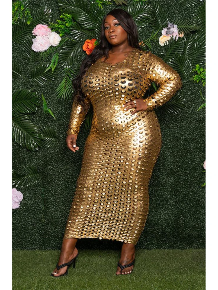 

Женское модное Золотое Платье с дырками, сексуальное платье с круглым вырезом и длинным рукавом, женское платье для ночного клуба и выпускн...