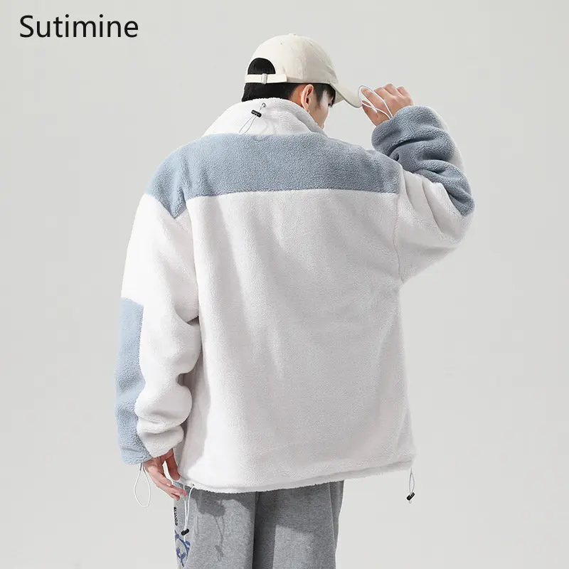 Coats Men Casual Stand Collar Lamb Fleece Jacket for Teenagers Loose Thickened and Warm Pockets Spliced  Winter Coat