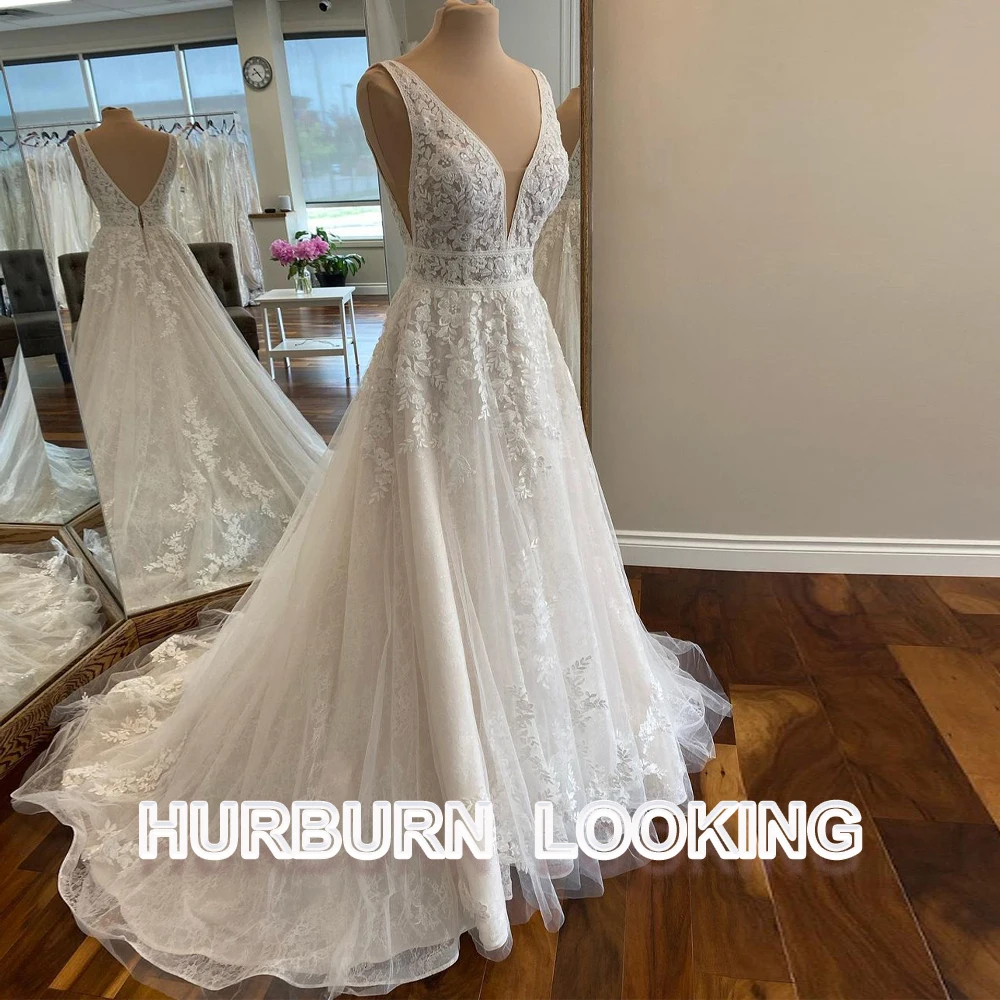 HERBURN Delicate Wedding Dresses For Women Lace Sleeveless Tulle Court Train 2023 Custom Made Robe Mariee Robe De Soiree Mariage
