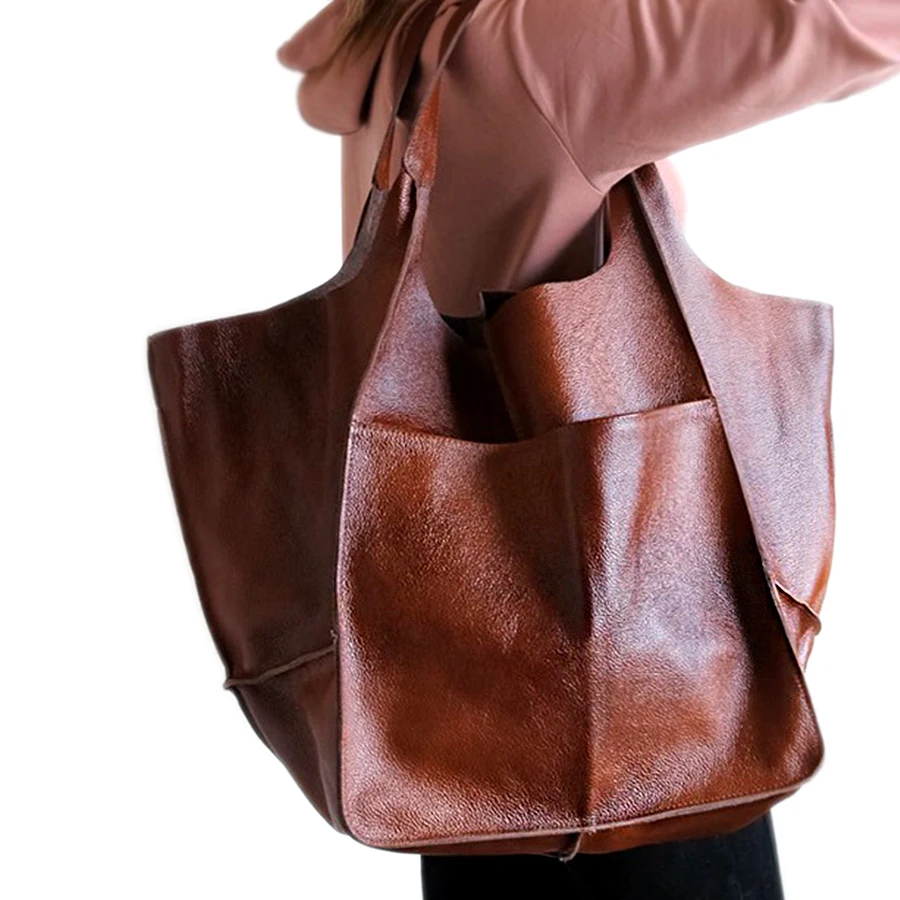 

Casual Soft Large Capacity Tote Women Handbags Designer Aged Metal Look Luxury Pu Leather Shoulder Bag Retro Big Shopper Purses