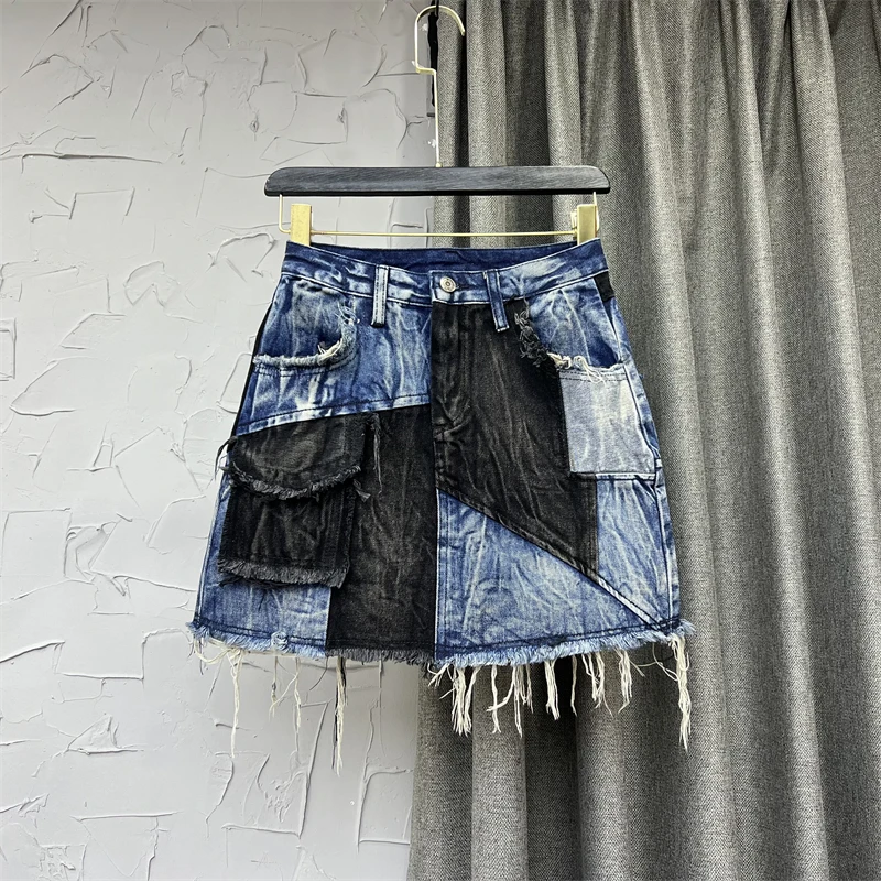 

2022 Summer New Fashion Contrast Color A- Line Denim Skirt Woman Streetwear Mini Sexy Jeans Skirts Girls Harajuku Short Skirt
