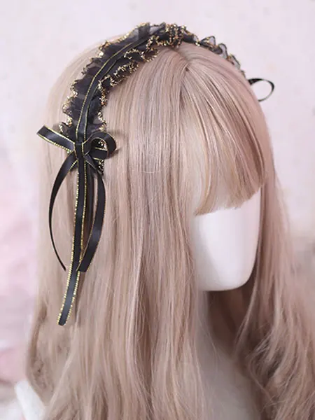

Classic Lace Lolita Headdress Rufflea and Bows Black Lolita Hairpiece