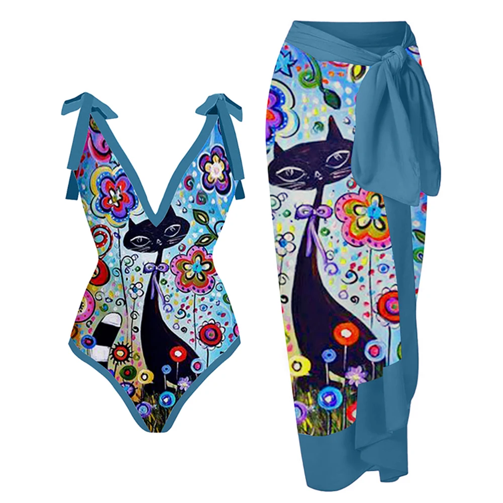 

Женский купальник с принтом кошки, соблазнительное бикини с V-образным вырезом и открытой спиной, пляжная одежда с высокой талией и бантом на бретелях, летний цельный купальник