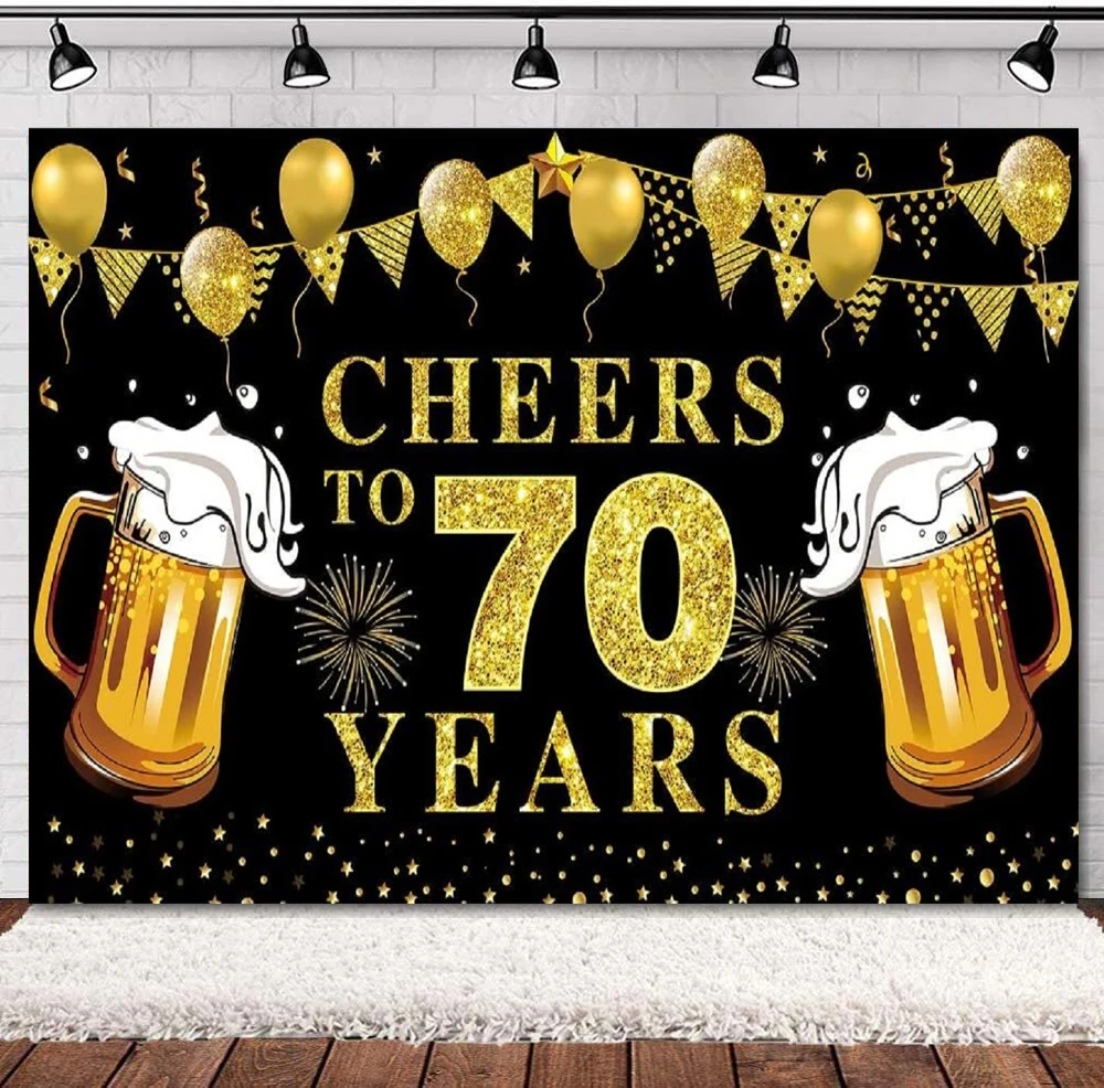 

Photography Backdrop Cheers To 70th Birthday Banner Party Supplies Black Gold Decorations Anniversary Background Poster Decor