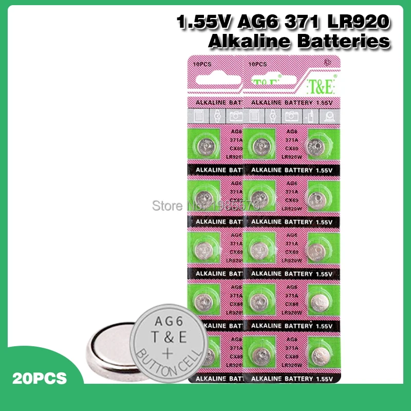 Щелочные батарейки AG6 LR920, 1,55 в, 20 шт., батарейки кнопочные 371A CX69 LR920W 371 L921 SR927 171 G6A AG 6 для часов и игрушек