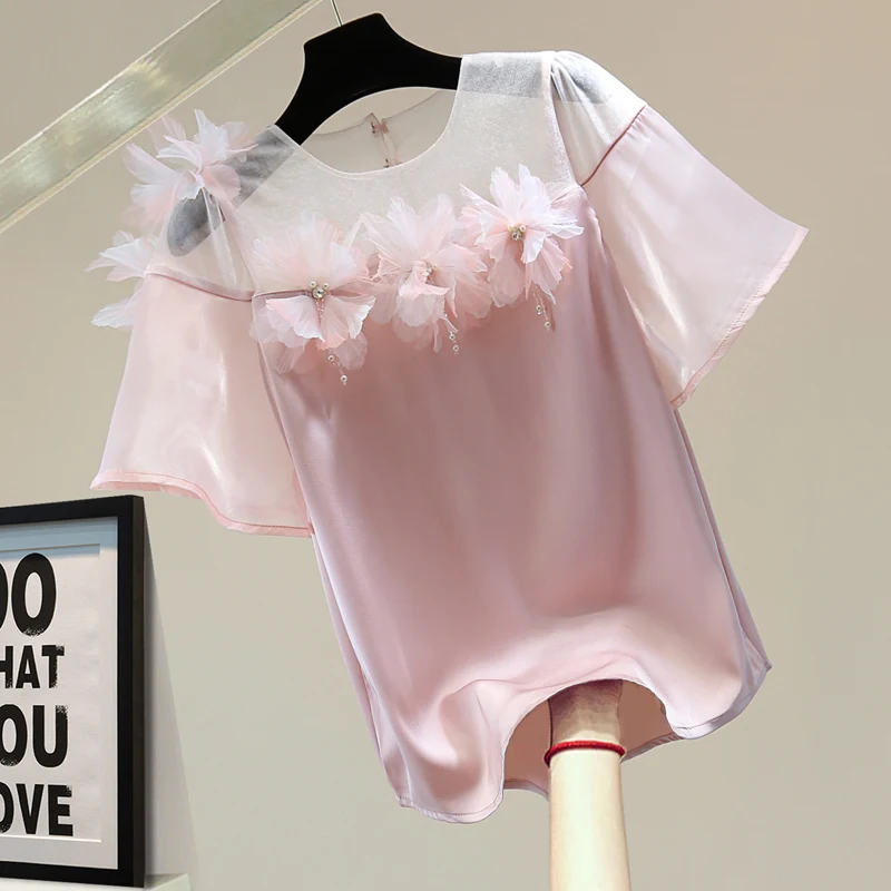

Exquisite Flowers Diamond Beaded Pullover Women Shirt Top 2022 Summer Round Neck Mesh Short Sleeve Chiffon Shirts Ladies Blouses