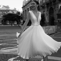sexy short wedding dress white pleated deep v neck modern wedding gown long sleeves backless a line simple bridal dresses 2022