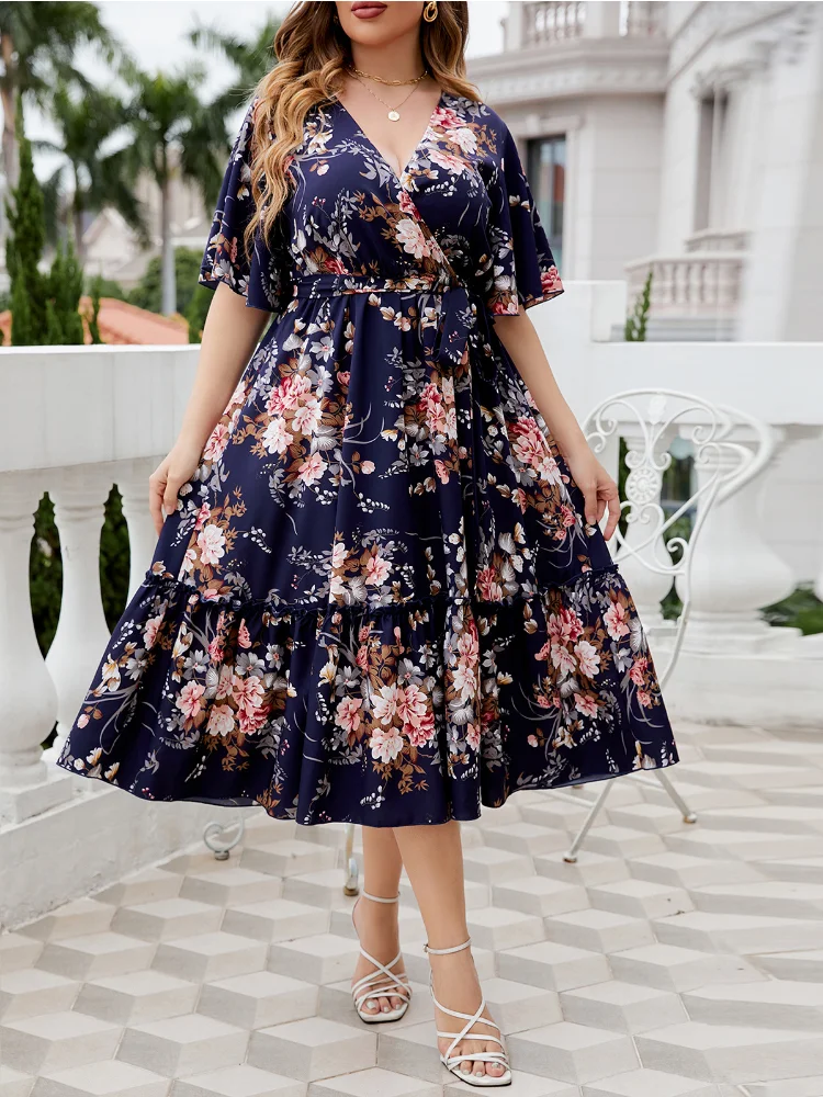 Summer V-neck navy blue print plus size dress plus size women clothing  party dresses  summer dress