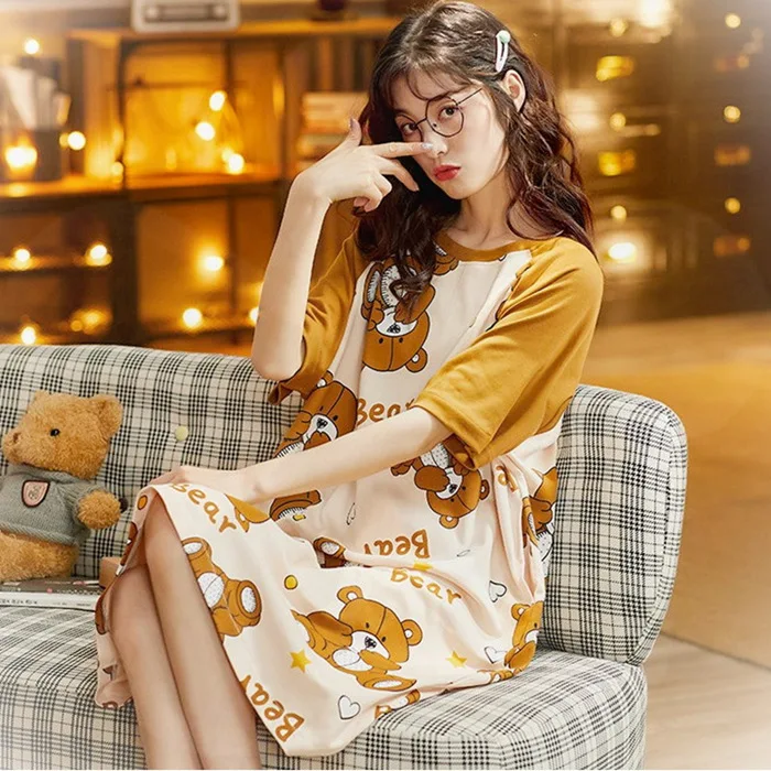 Summer Knitted Cotton Women Nightgown Short Sleeve Cartoon Sweet Soft Female Nightdress Loose  Girls Nightwear