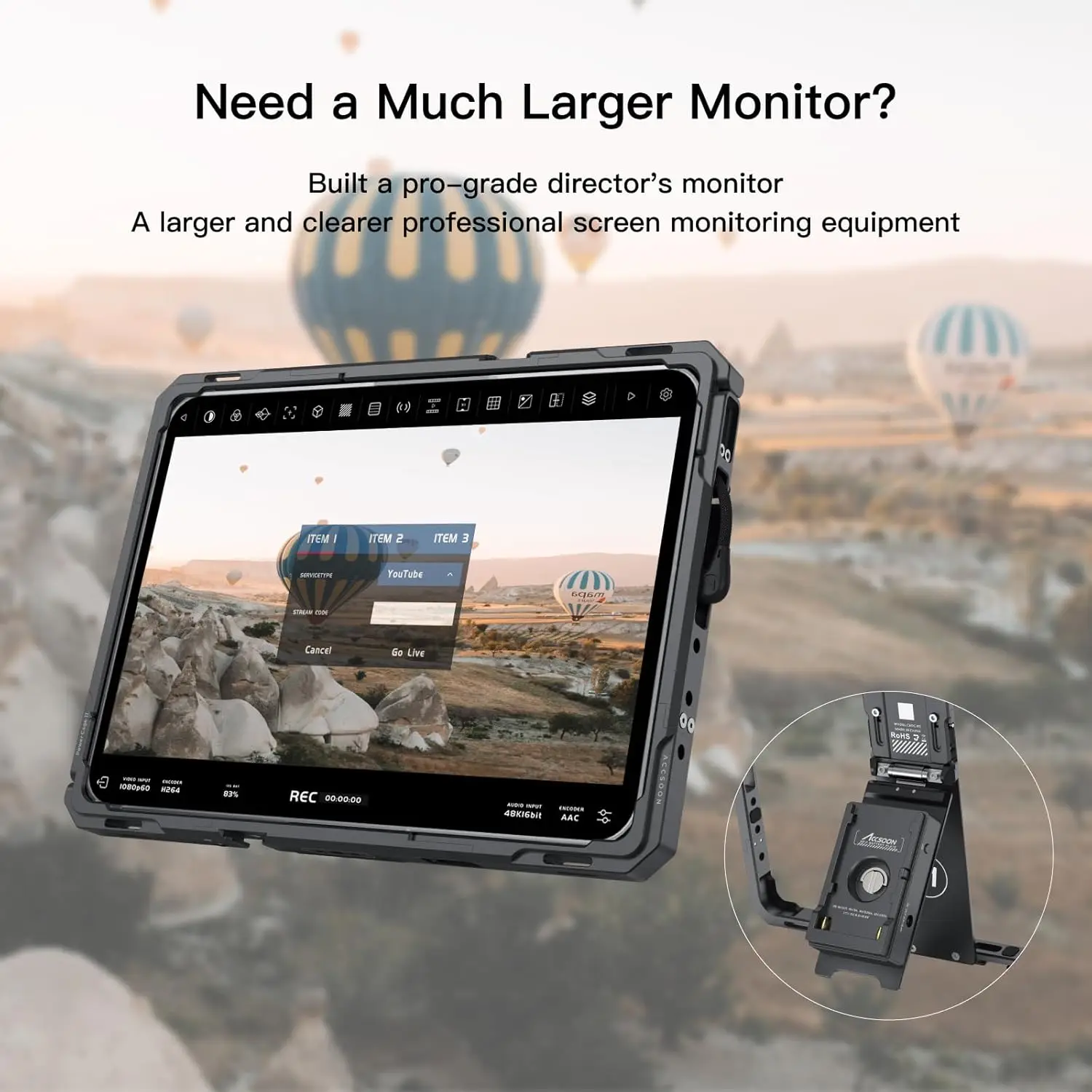 Фото Универсальный держатель PowerCage II для iPad с адаптером для батарейной пластины NP-F – совместим с различными моделями iPad (7–11, Air, Pro) №5