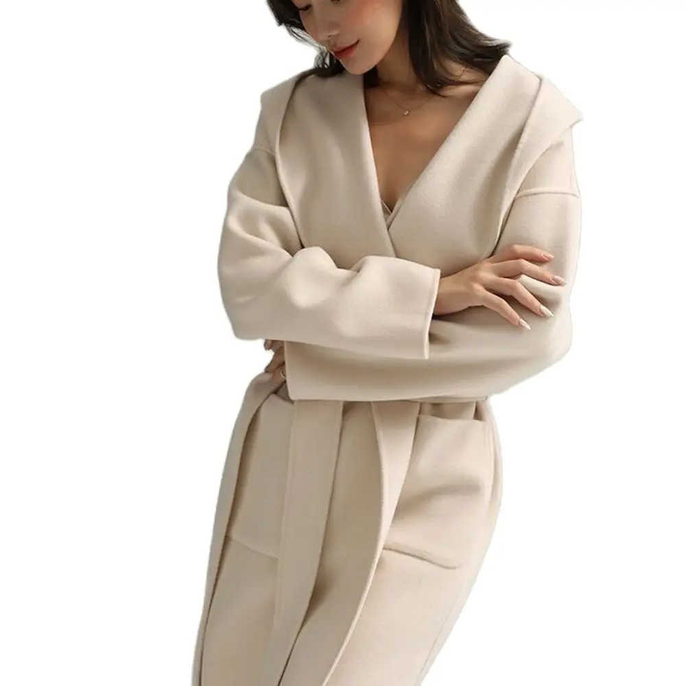 

Women's Double-sided Cashmere Overcoat Medium Long Fashion Slimming Lace Up Hooded Woolen Jacket Wool Hoodie Coat Solid Color